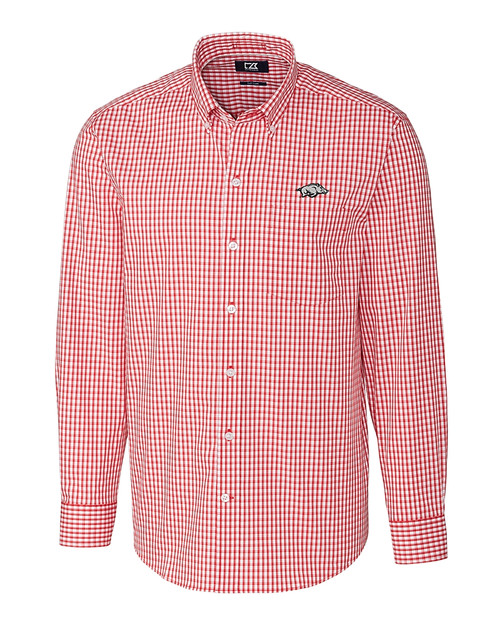 Arkansas Razorbacks Cutter & Buck Easy Care Stretch Gingham Mens Big and Tall Long Sleeve Dress Shirt Cardinal Red Mannequin