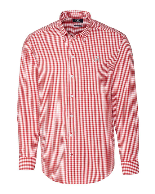 Alabama Crimson Tide Cutter & Buck Easy Care Stretch Gingham Mens Big and Tall Long Sleeve Dress Shirt Cardinal Red Mannequin