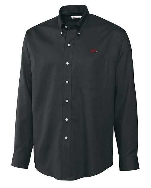 Arkansas Razorbacks Cutter & Buck Epic Easy Care Nailshead Mens Big and Tall Long Sleeve Dress Shirt Black Mannequin