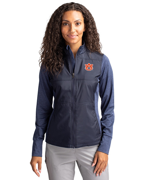 Auburn Tigers Cutter & Buck Stealth Hybrid Quilted Womens Full Zip Windbreaker Jacket Liberty Navy Front