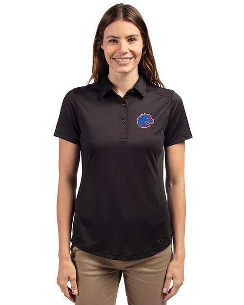 Boise State Broncos Cutter & Buck Prospect Eco Textured Stretch Recycled Womens Short Sleeve Polo Black Front