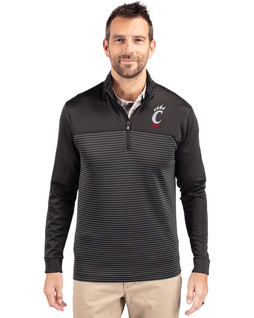 Cincinnati Bearcats Cutter & Buck Traverse Stretch Eco Stripe Quarter Zip Mens Pullover Black Front