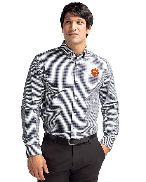 Clemson Tigers Cutter & Buck Easy Care Stretch Gingham Mens Big and Tall Long Sleeve Dress Shirt Charcoal Front