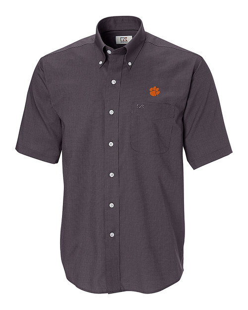 Clemson Tigers Cutter & Buck Epic Easy Care Nailshead Mens Big and Tall Short Sleeve Dress Shirt Black Mannequin