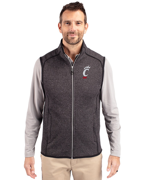 Cincinnati Bearcats Cutter & Buck Mainsail Sweater-Knit Mens Big and Tall Full Zip Vest Charcoal Heather Front