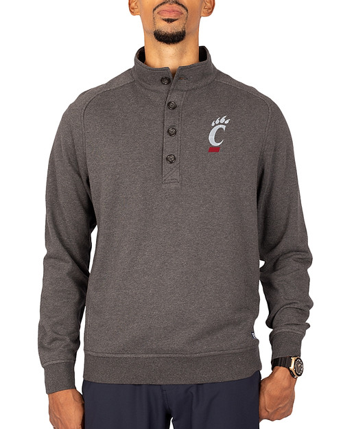 Cincinnati Bearcats Cutter & Buck Saturday Cotton Blend Mens Big and Tall  Mock Pullover Sweatshirt Charcoal Heather Front