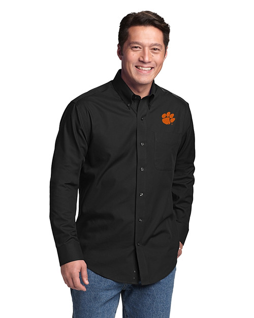 Clemson Tigers Cutter & Buck Epic Easy Care Fine Twill Mens Long Sleeve Dress Shirt Black Front