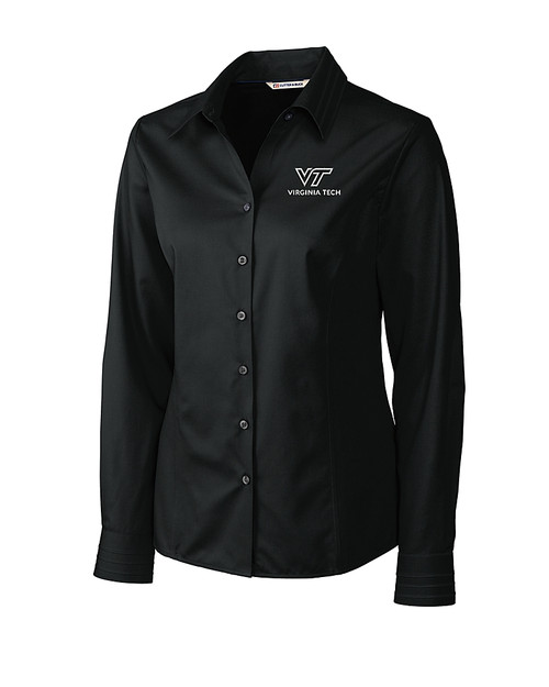 Virginia Tech Hokies Cutter & Buck Epic Easy Care Fine Twill Womens Long Sleeve Dress Shirt Black Mannequin