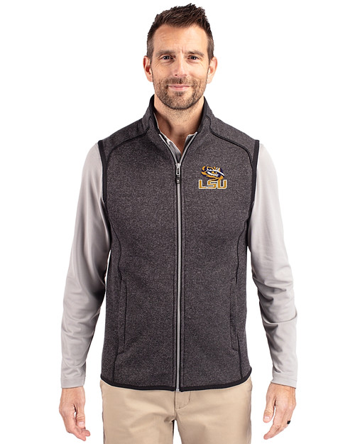 LSU Tigers Cutter & Buck Mainsail Sweater-Knit Mens Big and Tall Full Zip Vest Charcoal Heather Front