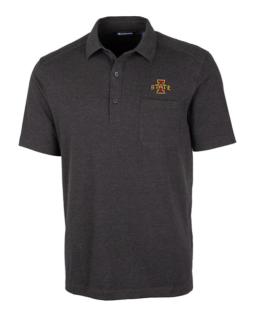 Iowa State Cyclones Cutter & Buck Advantage Tri-Blend Jersey Mens Big and Tall Pocket Polo Black Heather Mannequin
