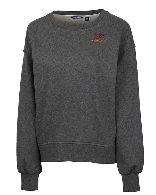 Virginia Tech Hokies Cutter & Buck Saturday Cotton Blend Womens Crew Neck Sweatshirt Charcoal Heather Mannequin