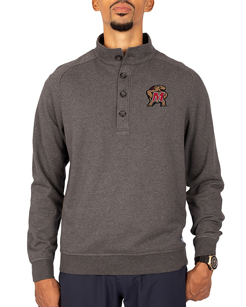 Maryland Terrapins Cutter & Buck Saturday Cotton Blend Mens Mock Pullover Sweatshirt Charcoal Heather Front