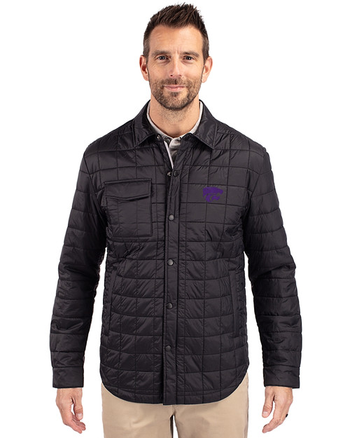 Kansas State Wildcats Cutter & Buck Rainier PrimaLoft® Mens Big and Tall Eco Insulated Quilted Shirt Jacket Black Front