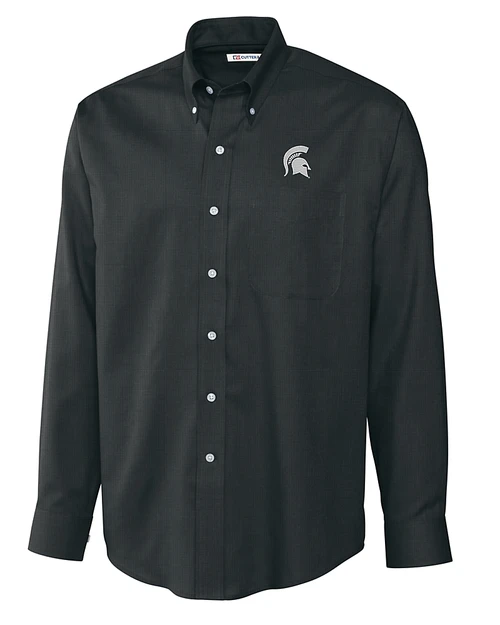 Michigan State Spartans Cutter & Buck Epic Easy Care Nailshead Mens Big and Tall Long Sleeve Dress Shirt Black Mannequin