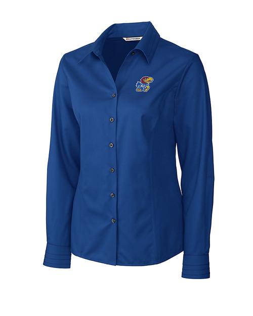 Kansas Jayhawks Cutter & Buck Epic Easy Care Fine Twill Womens Long Sleeve Dress Shirt French Blue Mannequin