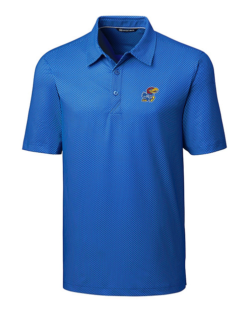 Kansas Jayhawks Cutter & Buck Pike Mini Pennant Print Stretch Mens Polo Chelan Blue Mannequin