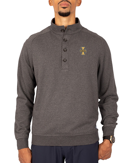 Idaho Vandals Cutter & Buck Saturday Cotton Blend Mens Mock Pullover Sweatshirt Charcoal Heather Front