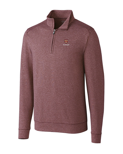 Harvard Crimson Cutter & Buck Shoreline Heathered Quarter Zip Mens Pullover Bordeaux Heather Mannequin