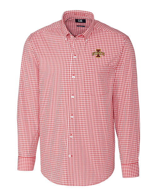 Iowa State Cyclones Cutter & Buck Easy Care Stretch Gingham Mens Long Sleeve Dress Shirt Cardinal Red Mannequin