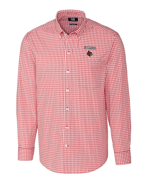 Louisville Cardinals Cutter & Buck Easy Care Stretch Gingham Mens Long Sleeve Dress Shirt Cardinal Red Mannequin