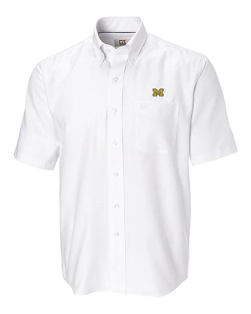 Michigan Wolverines Cutter & Buck Epic Easy Care Nailshead Mens Short Sleeve Dress Shirt White Mannequin