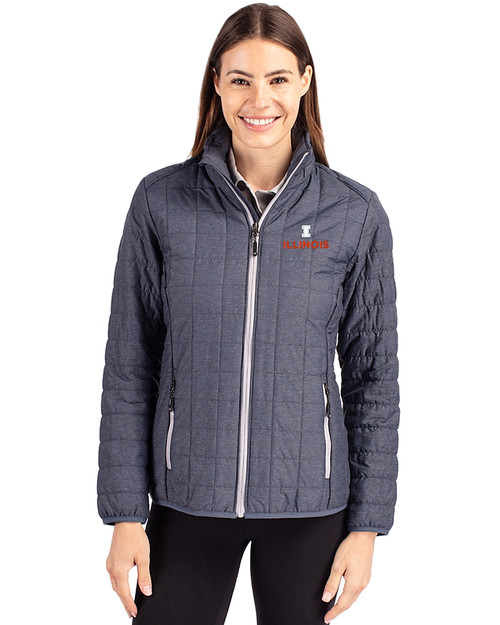 Illinois Fighting Illini Cutter & Buck Rainier PrimaLoft®  Womens Eco Insulated Full Zip Puffer Jacket Anthracite Melange Front
