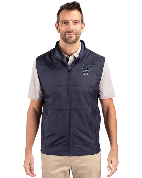 Villanova Wildcats Cutter & Buck Stealth Hybrid Quilted Mens Big and Tall Windbreaker Vest Liberty Navy Front