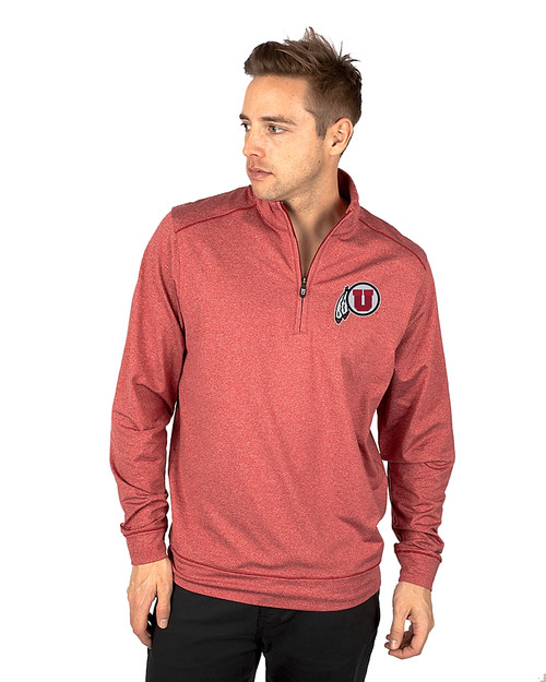 Utah Utes Cutter & Buck Shoreline Heathered Quarter Zip Mens Big and Tall Pullover Cardinal Red Heather Front