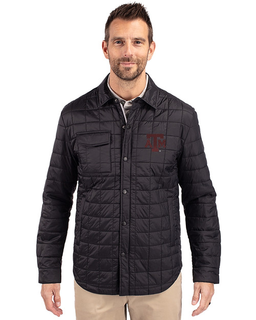 Texas A&M Aggies Cutter & Buck Rainier PrimaLoft® Mens Big and Tall Eco Insulated Quilted Shirt Jacket Black Front