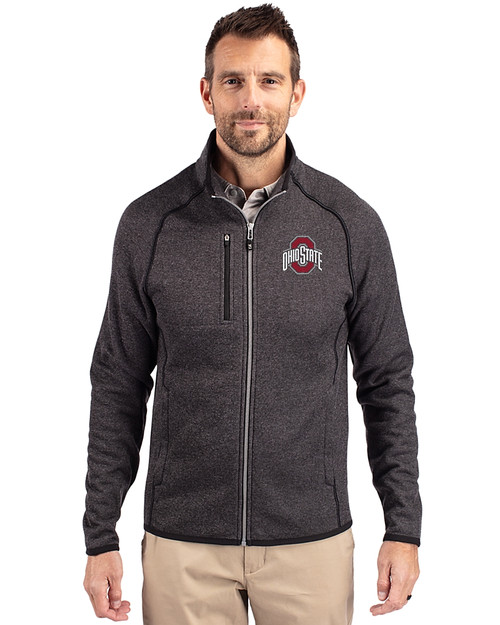 Ohio State Buckeyes - Cutter & Buck Mainsail Sweater-Knit Mens Big and Tall Full Zip Jacket Charcoal Heather Front
