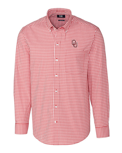 Oklahoma Sooners  Cutter & Buck Easy Care Stretch Gingham Mens Big and Tall Long Sleeve Dress Shirt Cardinal Red Mannequin