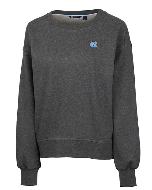 North Carolina Tar Heels Cutter & Buck Saturday Cotton Blend Womens Crew Neck Sweatshirt Charcoal Heather Mannequin