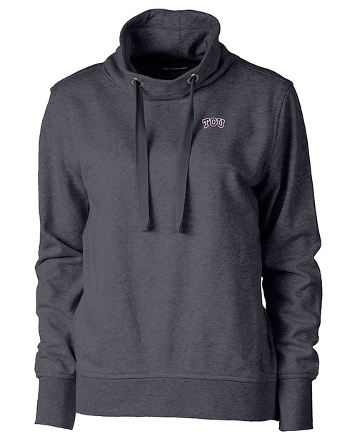 TCU Horned Frogs Cutter & Buck Saturday Cotton Blend Womens Funnel Neck Sweatshirt Charcoal Heather Mannequin