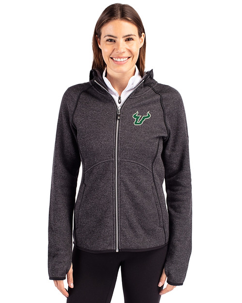 South Florida Bulls Cutter & Buck Mainsail Full Zip Hooded Womens Jacket Charcoal Heather Front