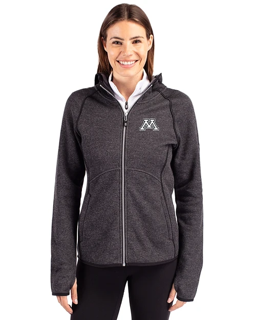 Minnesota Golden Gophers Cutter & Buck Mainsail Sweater-Knit Womens Full Zip Hooded Jacket Charcoal Heather Front