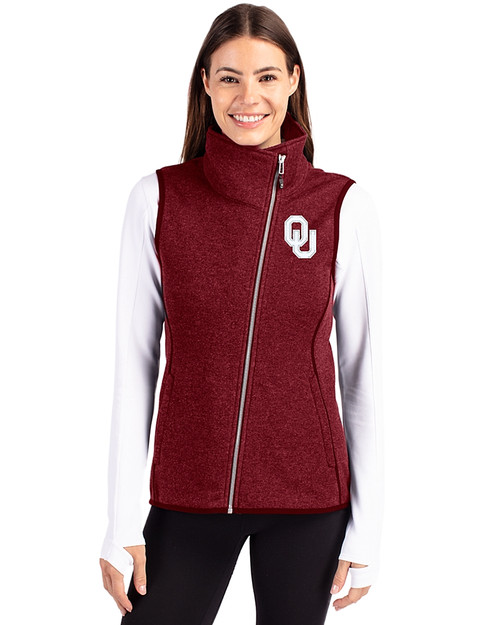 Oklahoma Sooners  Cutter & Buck Mainsail Sweater Knit Womens Asymmetrical Vest Cardinal Red Heather Front