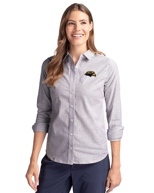 Southern Miss Golden Eagles Cutter & Buck Stretch Oxford Stripe Womens Long Sleeve Dress Shirt Charcoal Front