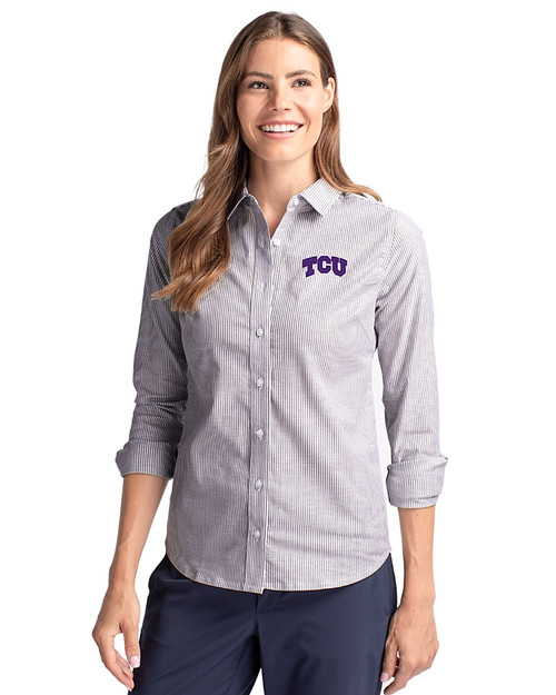 TCU Horned Frogs Cutter & Buck Stretch Oxford Stripe Womens Long Sleeve Dress Shirt Charcoal Front