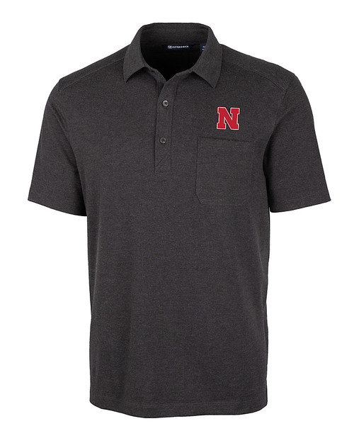 Nebraska Cornhuskers Cutter & Buck Advantage Tri-Blend Jersey Mens Pocket Polo Black Heather Mannequin