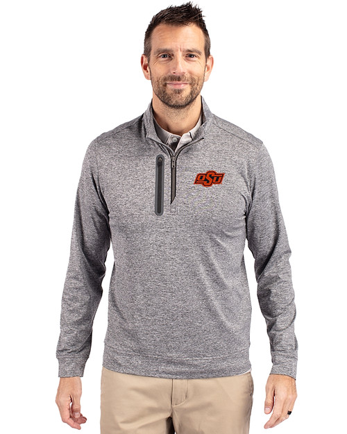 Oklahoma State Cowboys Cutter & Buck Stealth Heathered Mens Quarter Zip Elemental Grey Front