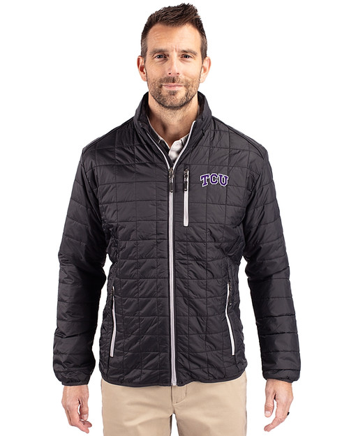 TCU Horned Frogs Cutter & Buck Rainier PrimaLoft® Mens Eco Insulated Full Zip Puffer Jacket Black Front