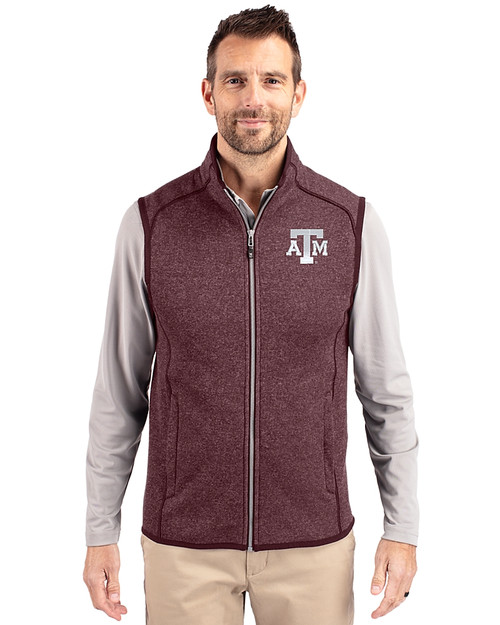 Texas A&M Aggies Cutter & Buck Mainsail Sweater-Knit Mens Full Zip Vest Bordeaux Heather Front