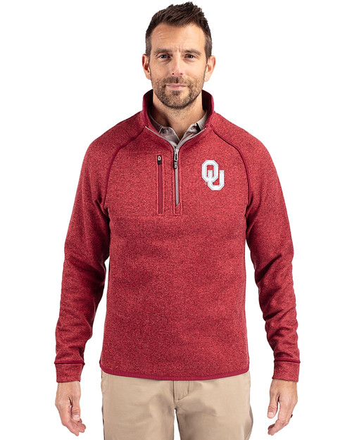 Oklahoma Sooners  Cutter & Buck Mainsail Sweater-Knit Mens Half Zip Pullover Jacket Cardinal Red Heather Front