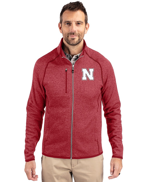 Nebraska Cornhuskers Cutter & Buck Mainsail Sweater-Knit Mens Full Zip Jacket Cardinal Red Heather Front