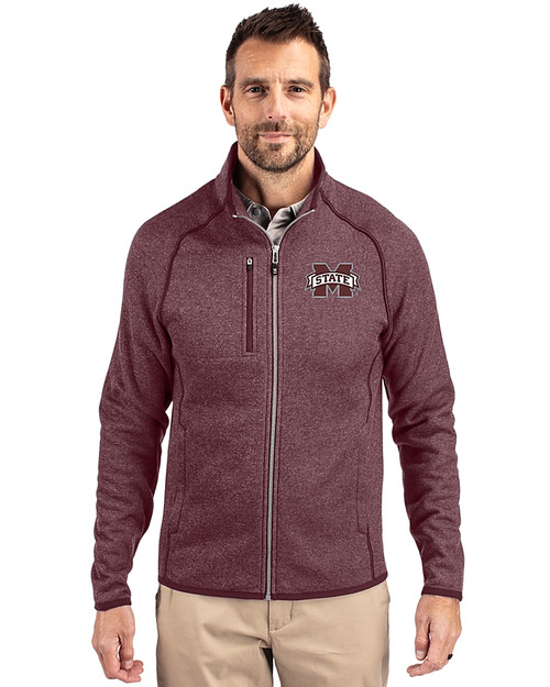 Mississippi State Bulldogs Cutter & Buck Mainsail Sweater-Knit Mens Full Zip Jacket Bordeaux Heather Front