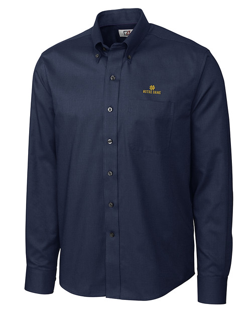 Notre Dame Fighting Irish Cutter & Buck Epic Easy Care Nailshead Mens Long Sleeve Dress Shirt Navy Blue Mannequin