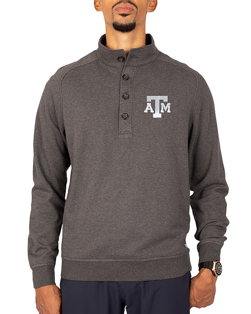 Texas A&M Aggies Cutter & Buck Saturday Cotton Blend Mens Big and Tall  Mock Pullover Sweatshirt Charcoal Heather Front