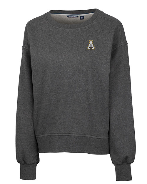 Appalachian State Mountaineers Cutter & Buck Saturday Cotton Blend Womens Crew Neck Sweatshirt Charcoal Heather Mannequin