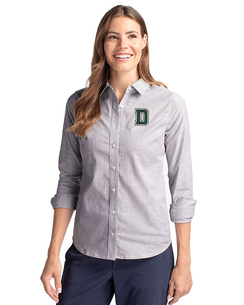 Dartmouth Big Green Cutter & Buck Stretch Oxford Stripe Womens Long Sleeve Dress Shirt Charcoal Front