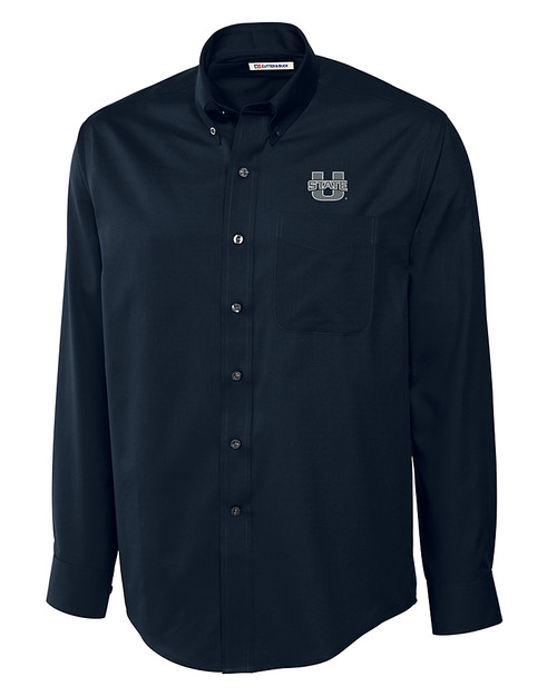 Utah State Aggies Cutter & Buck Epic Easy Care Fine Twill Mens Long Sleeve Dress Shirt Navy Blue Mannequin